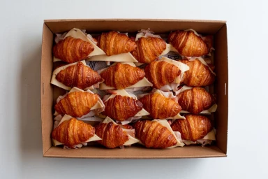An overhead view of a cardboard catering box filled with multiple ham and cheese croissants arranged in rows.