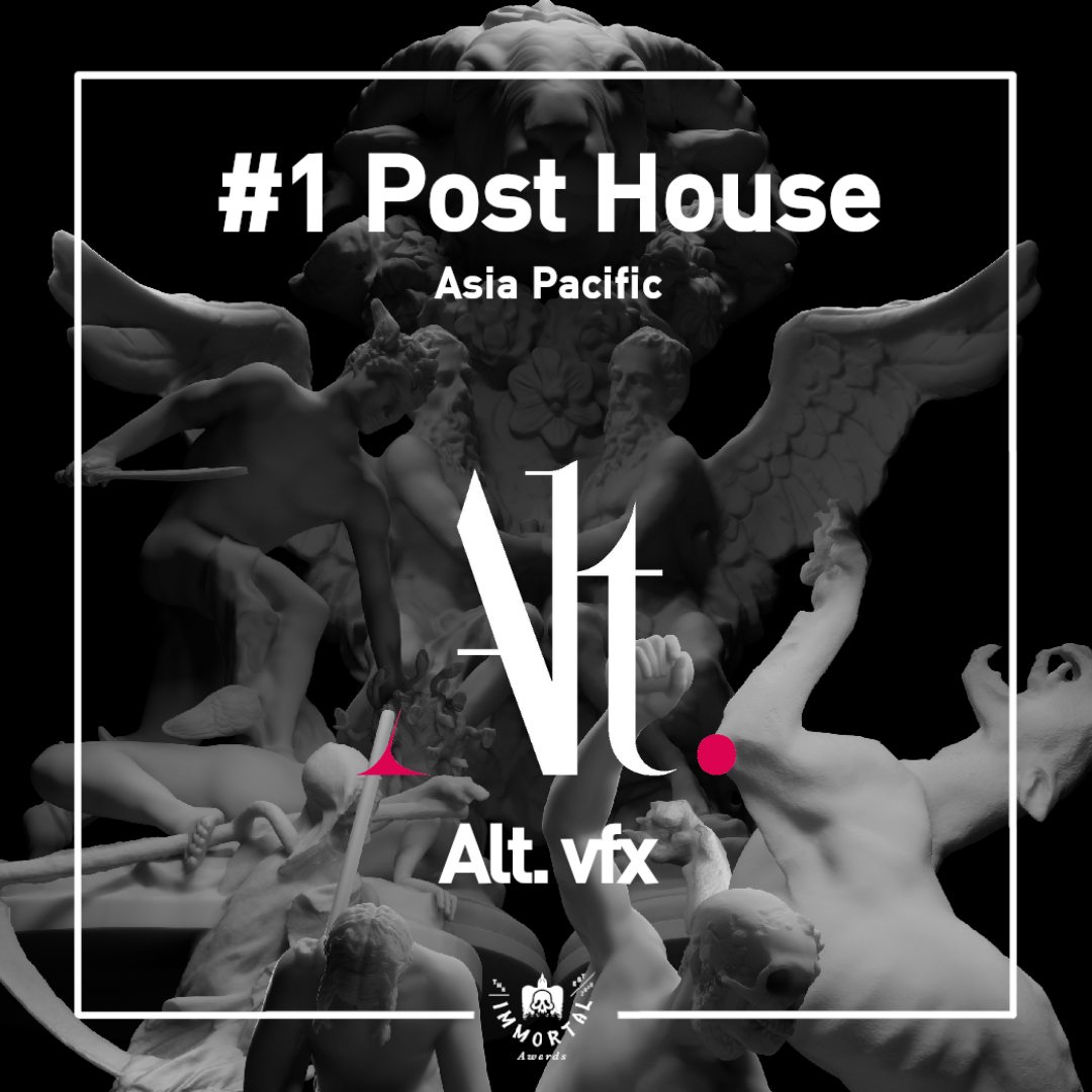Visual artwork featuring statues, #1 Post House Asia Pacific text, Alt vfx logo, and the Immortal Awards logo, all set against a black background.