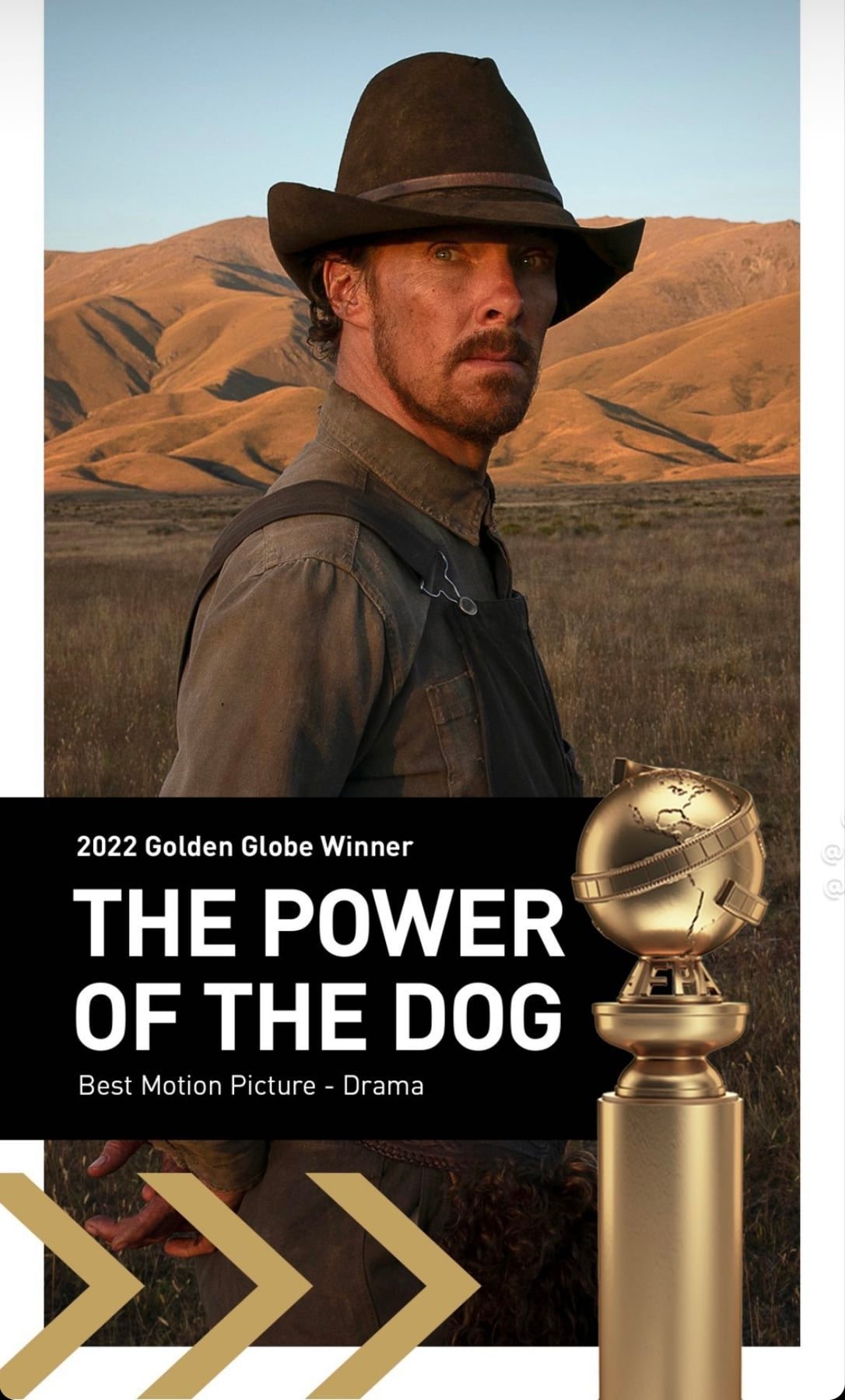 Portrait of Benedict Cumberbatch in western wear against a desert landscape background promoting 'The Power of the Dog' movie award.