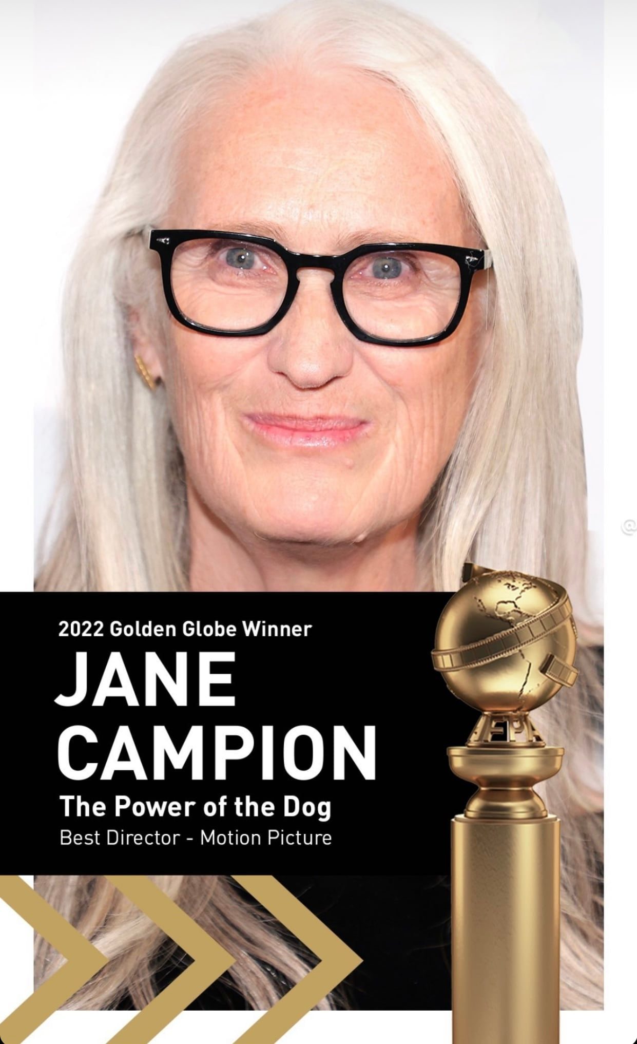 Headshot of Jane Campion with glasses. She is an older woman with long, white hair. She is holding a Golden Globe Award.
