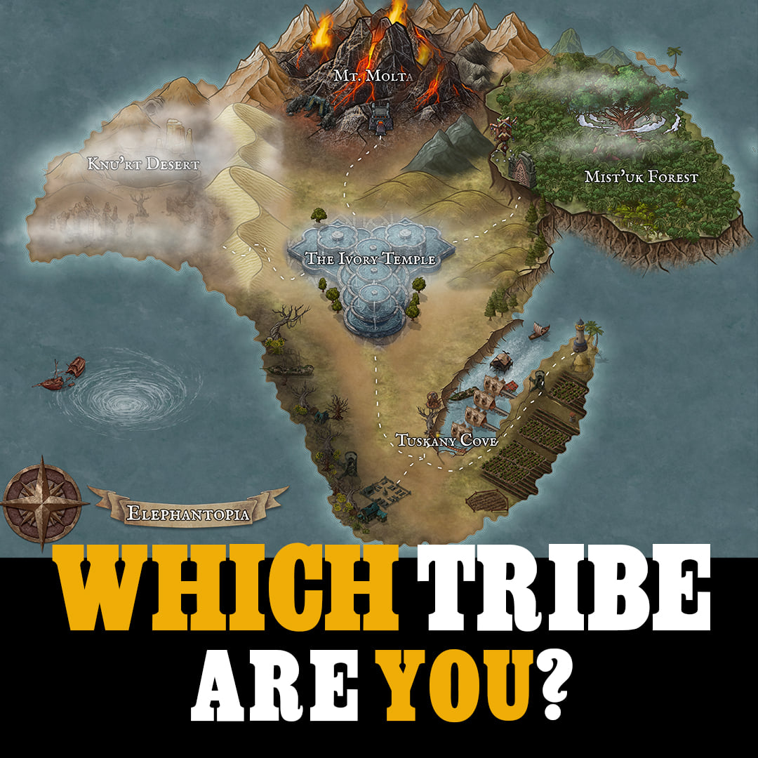 Illustrated map featuring diverse terrains: volcano, forest, desert, and temple. Fantasy-themed image with varied geographical locations.