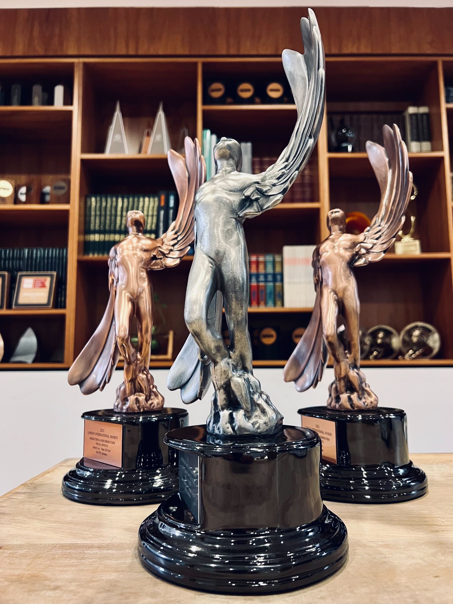 Three winged statuettes are displayed on a wooden surface, illuminated by overhead lighting, set against a backdrop of a bookshelf.
