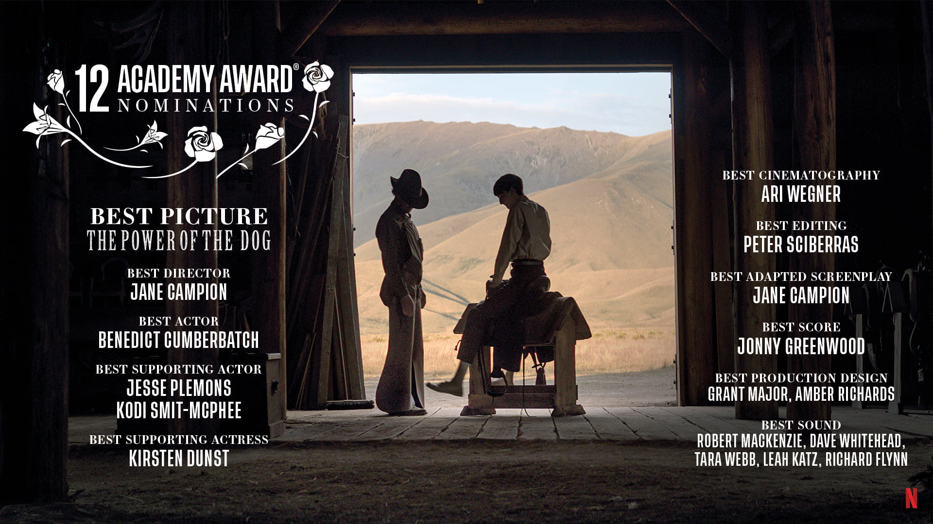 Two figures in silhouette stand in a doorway looking out toward mountains in a promotional shot for the movie 'The Power of the Dog'.