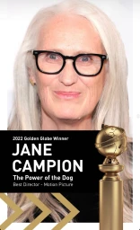 Portrait of Jane Campion with long white hair and black glasses, next to a golden globe trophy graphic overlay