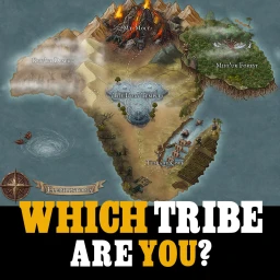 Fictional island map with labeled locations including a volcano and temple, overlaid with text asking which tribe you are.
