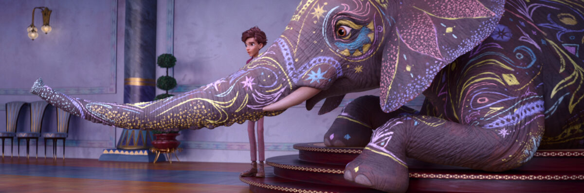 Digital animation of an elephant painted with ornate patterns next to a young man in a room with a decorative wall and floor.