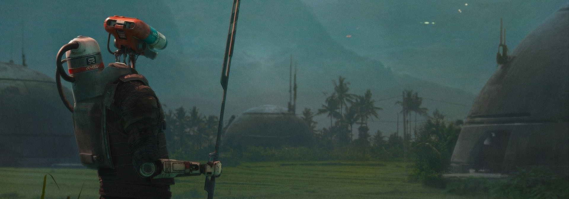 Robot figure in a rural setting with rice paddies, simple structures, and distant mountains under an overcast sky. 