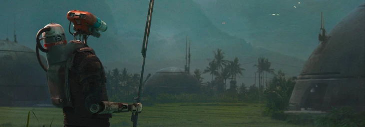 Robotic character holding a staff overlooking a green landscape with domed buildings and misty mountains.