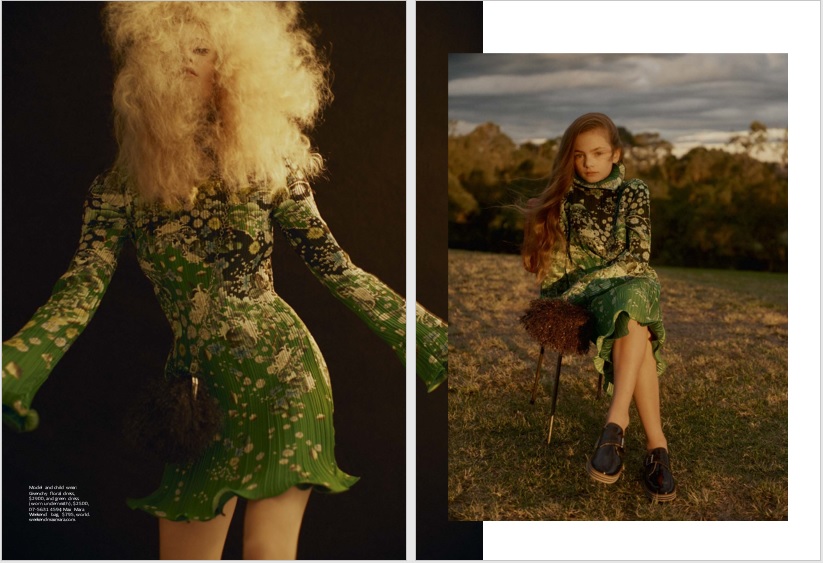 A fashion spread featuring a model in a floral dress, posing indoors with dark background and outdoors in a sunny, grassy field.