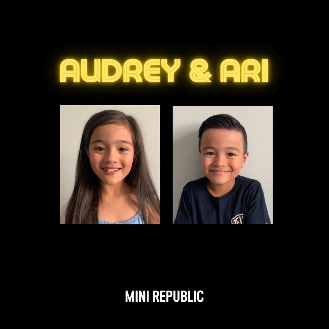 Portraits of a smiling girl with long brown hair and a boy with short dark hair set against a solid black background.