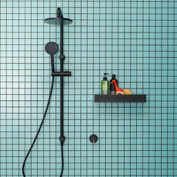 Matte black shower fixture and matching shelf with toiletries against turquoise square mosaic tiles