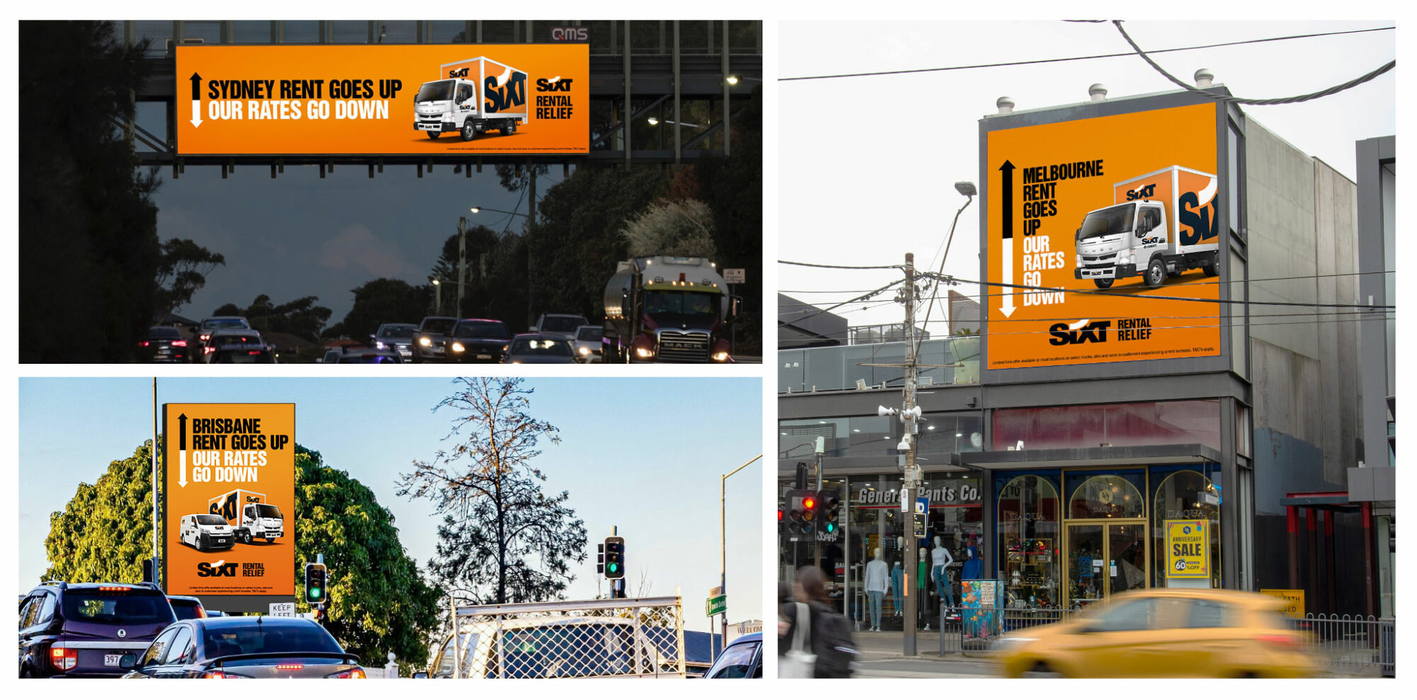 Outdoor advertisements promoting Sixt car rentals, featuring trucks and text about rental rates in Sydney, Melbourne, and Brisbane.