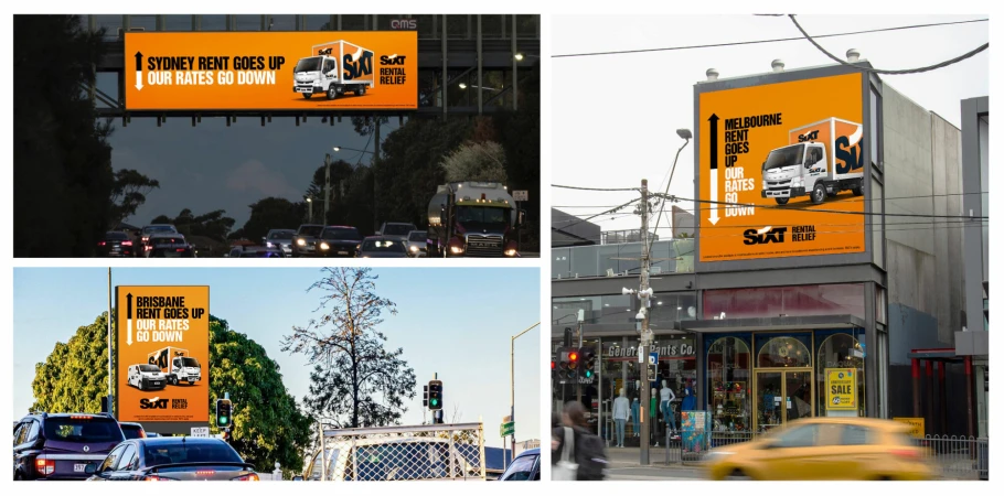 Outdoor advertisements promoting Sixt car rentals, featuring trucks and text about rental rates in Sydney, Melbourne, and Brisbane.
