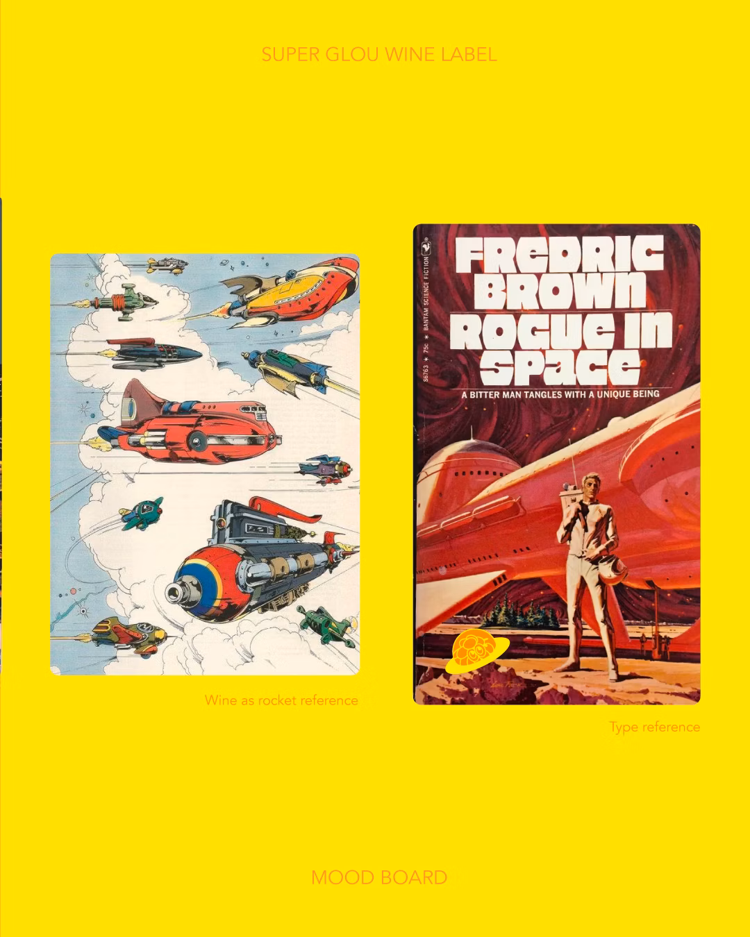 Retro science fiction themed illustrations featuring spaceships, planets, and a vintage book cover with a spaceman on a yellow background.