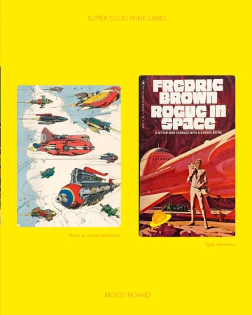 Retro science fiction themed illustrations featuring spaceships, planets, and a vintage book cover with a spaceman on a yellow background.