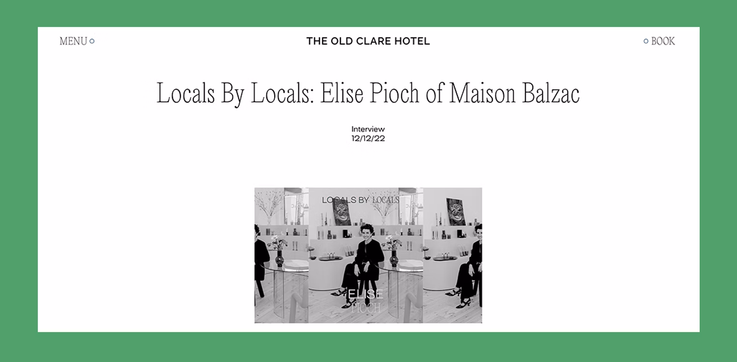 Black and white lifestyle shot for The Old Clare Hotel, featuring Elise Pioch of Maison Balzac seated in a stylish setting for an interview.