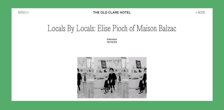 Black and white lifestyle shot for The Old Clare Hotel, featuring Elise Pioch of Maison Balzac seated in a stylish setting for an interview.