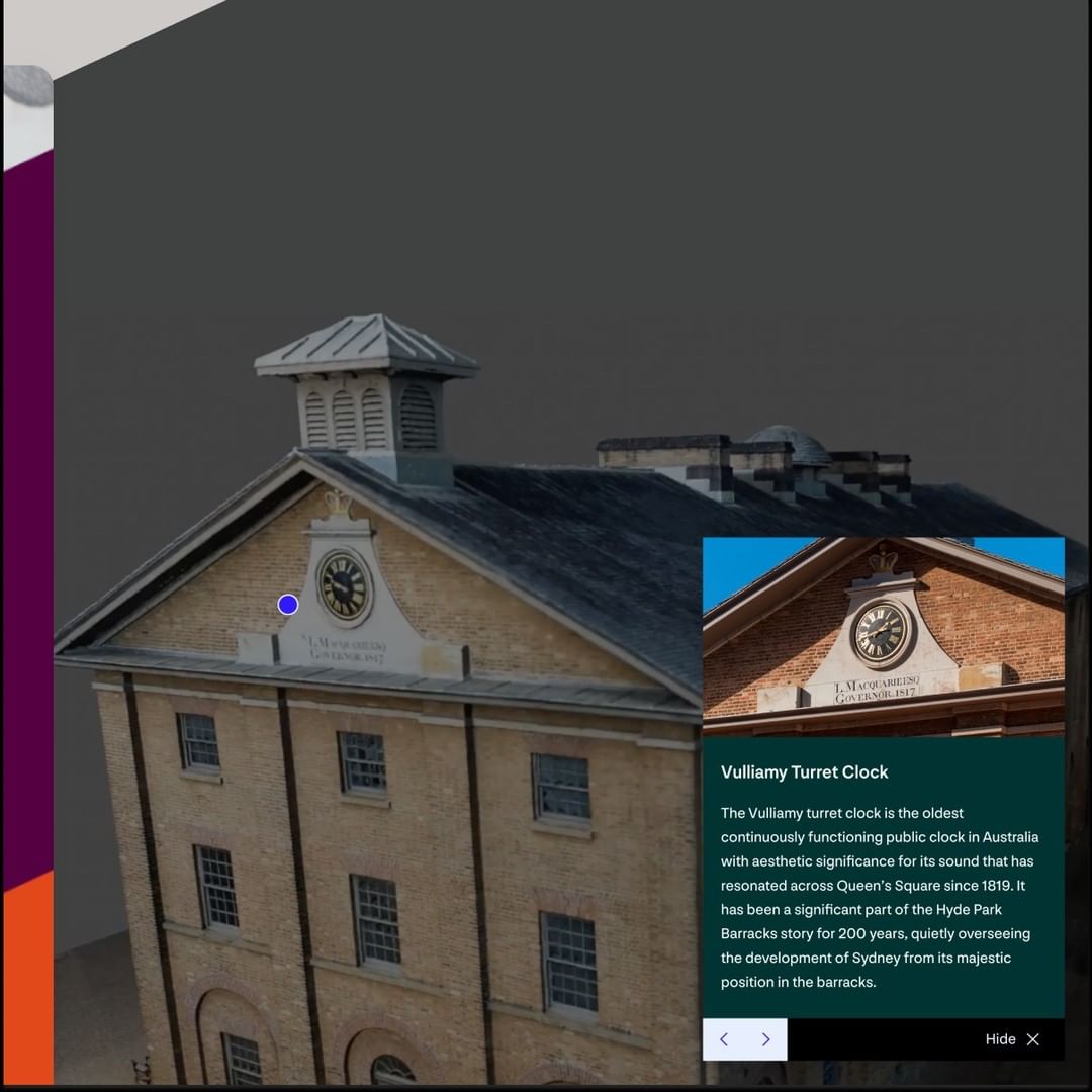 Brick building with a clock tower and windows, complemented by a close-up inset image detailing clock's historical significance.
