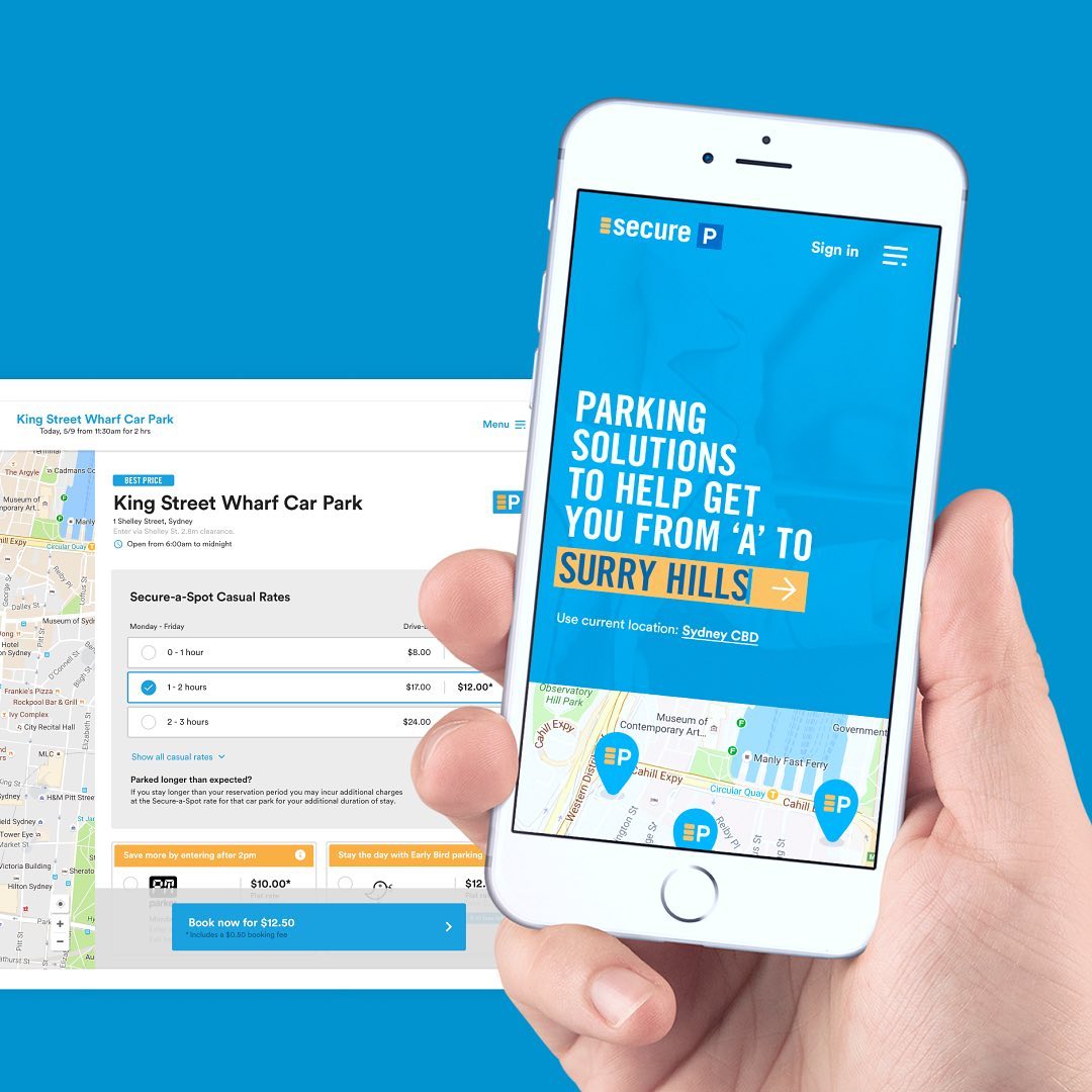 Hand holding smartphone displaying Secure-P parking app with blue interface, car park locations, text, and UX elements against blue background.