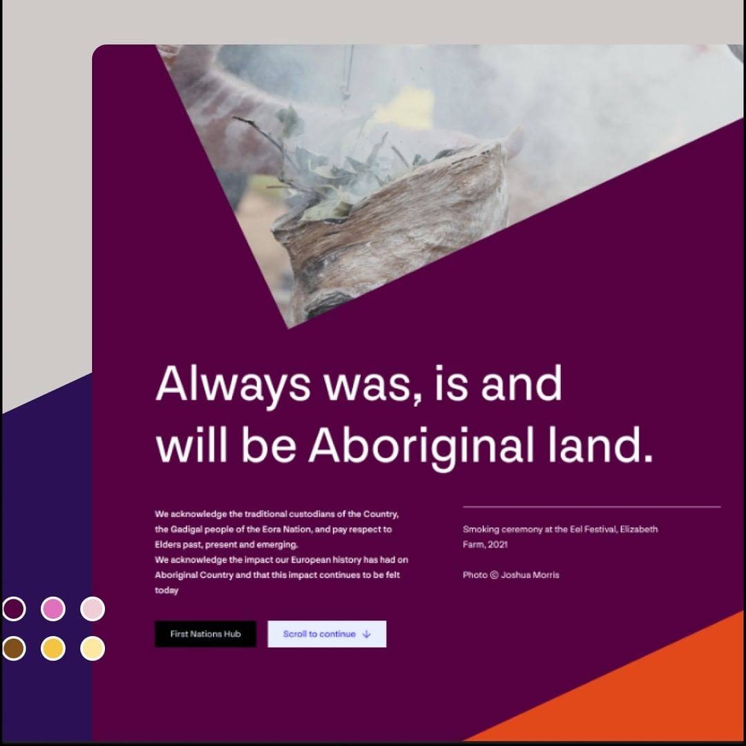 An image featuring text reading "Always was, is and will be Aboriginal land," alongside a smoking ceremony image on a purple background.