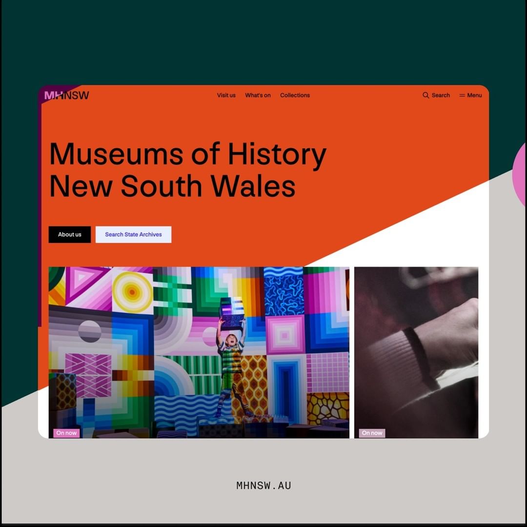 Screenshot of the Museums of History New South Wales website on a display with colorful abstract art and a person's arm visible.