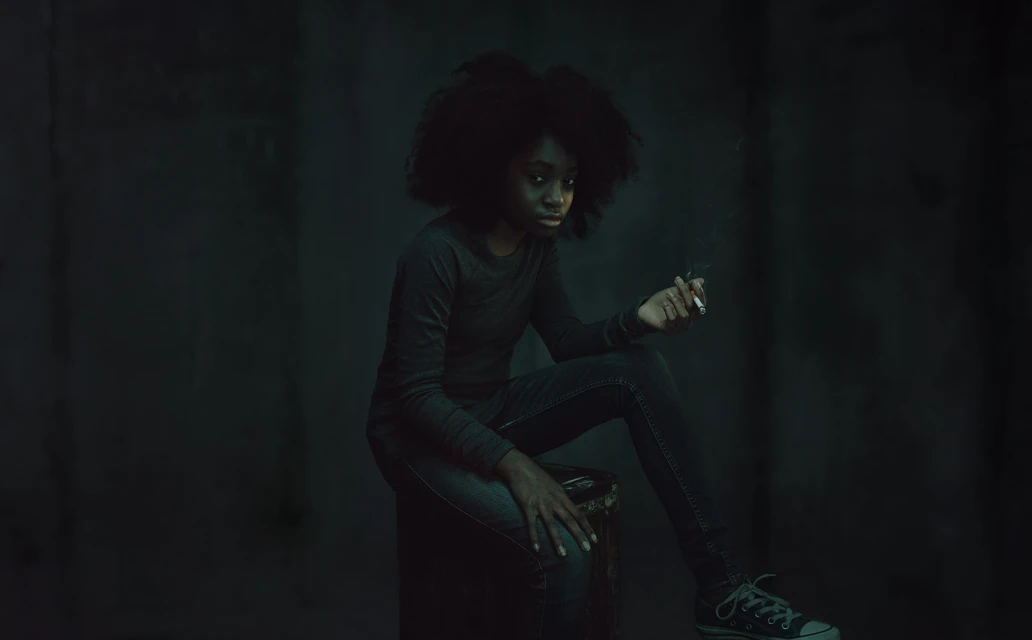 An African American woman sits in a dimly lit room, wearing a long-sleeved top and jeans, while holding a lit cigarette.