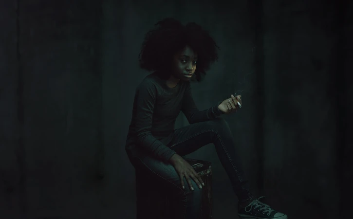 An African American woman sits in a dimly lit room, wearing a long-sleeved top and jeans, while holding a lit cigarette.