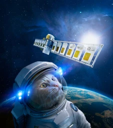 An orange cat in a detailed spacesuit looks up toward a satellite with SIM card solar panels in outer space with Earth below.