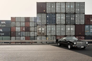Black vintage car parked on asphalt in front of a towering wall of stacked colorful shipping containers.