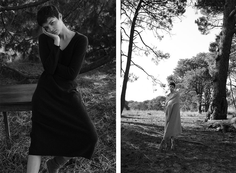 Black and white split image showing a young woman posing in a natural outdoor setting with trees and grasses in both scenes.