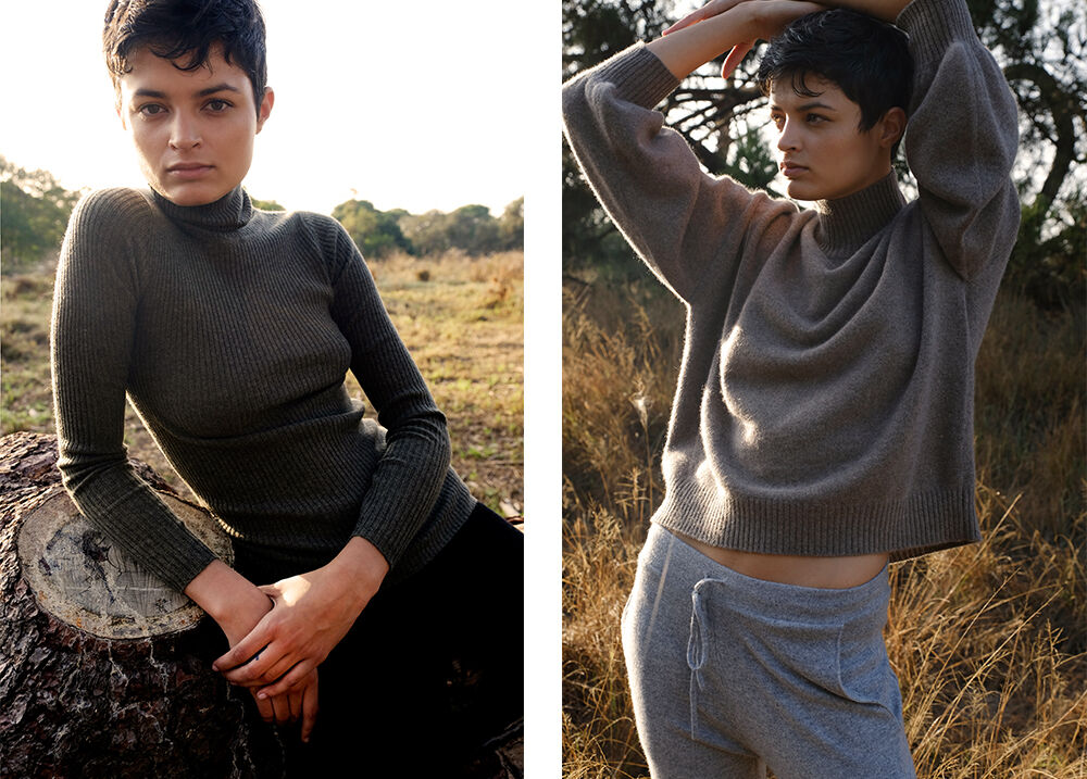 Two-shot fashion image of a young woman with short hair wearing sweaters and pants in a nature setting with blurred backgrounds.