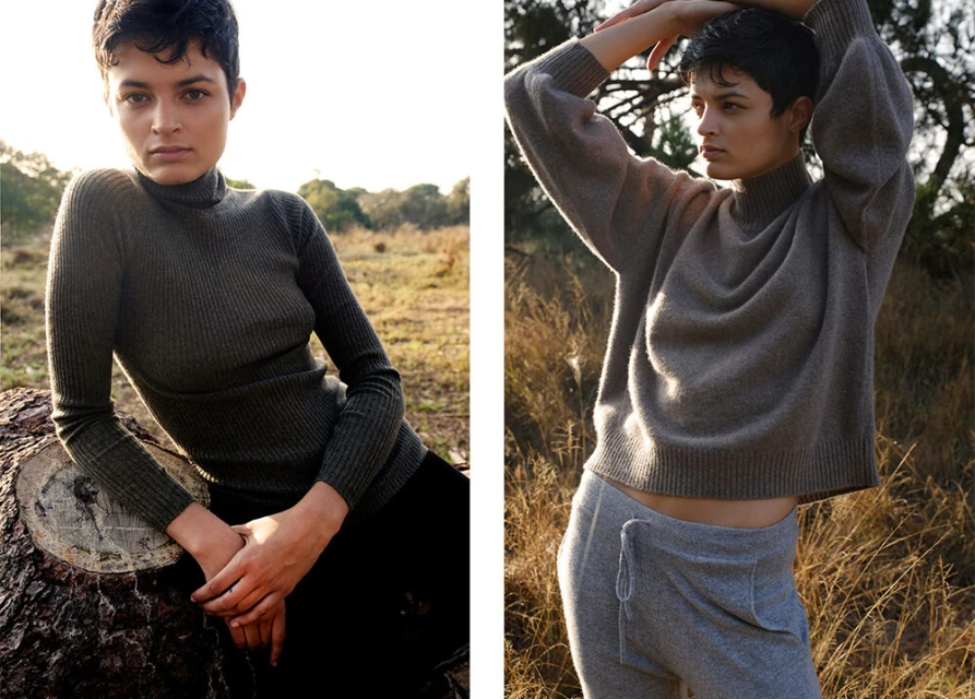Two-shot fashion image of a young woman with short hair wearing sweaters and pants in a nature setting with blurred backgrounds.