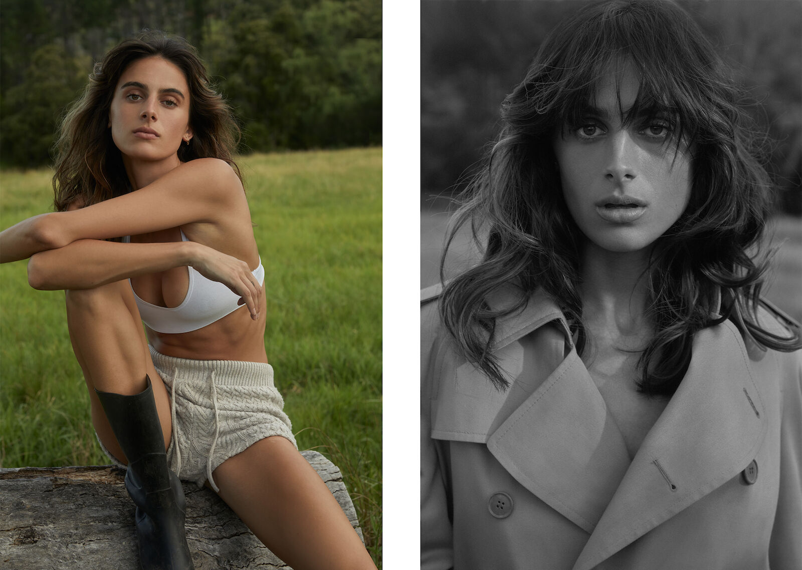Split-screen fashion shot: woman in white top and shorts sitting on log in grassy field; black and white close up of woman in coat.