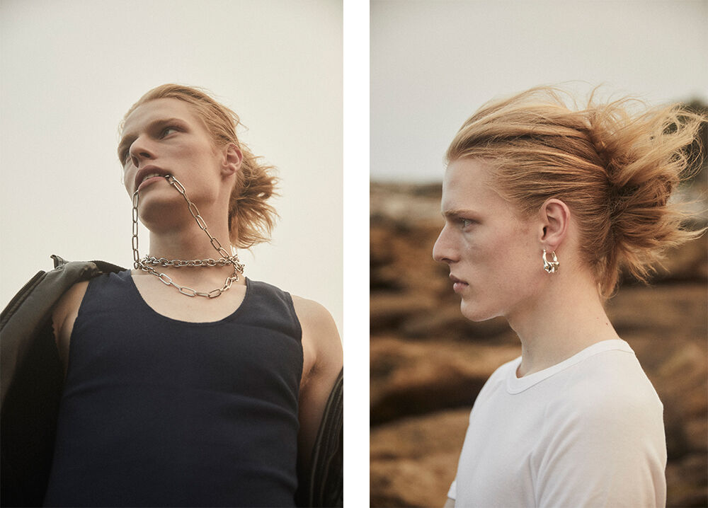 Two-panel fashion shot of a redhead male model wearing jewelry, a tank top, and a jacket, set against a cloudy outdoor backdrop.