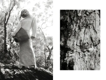 Black and white editorial diptych featuring a woman posing on rocky terrain beside a textured tree bark close-up.