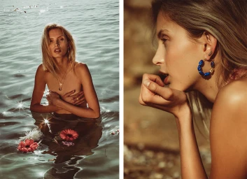 Diptych of a blonde model in sparkling ocean water with floating flowers, and a close-up profile wearing blue earrings.