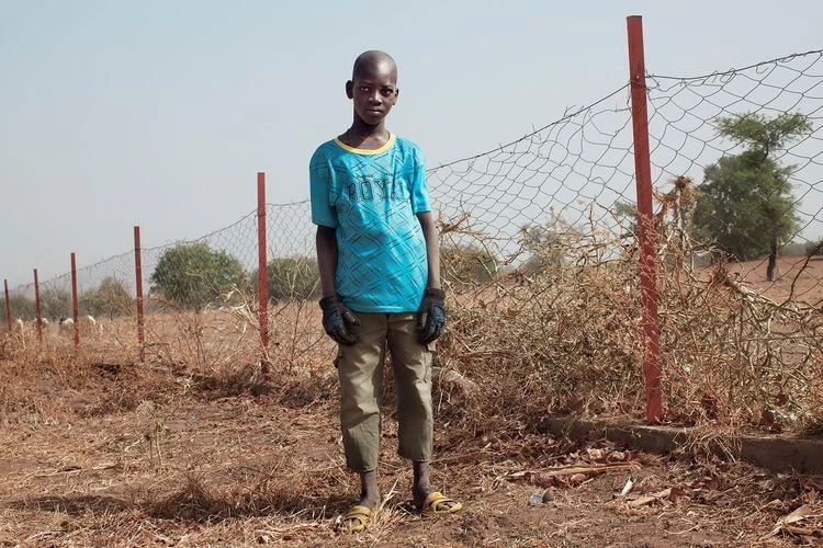 Boy standing in rural setting near fence line, wearing a blue patterned t-shirt, brown pants and yellow sandals.