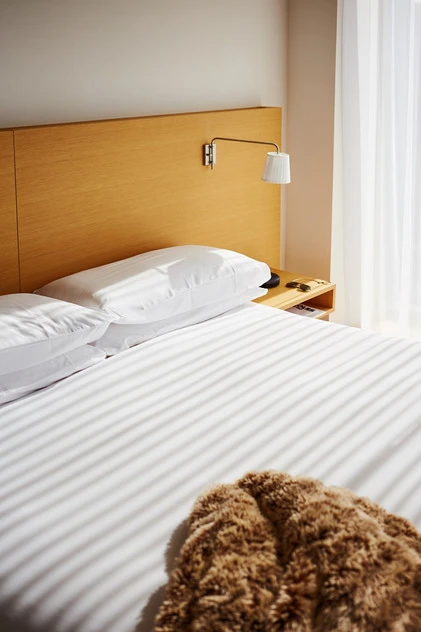 Bright interior bedroom scene showcases a bed with striped white bedding and a wood headboard, illuminated by a window.