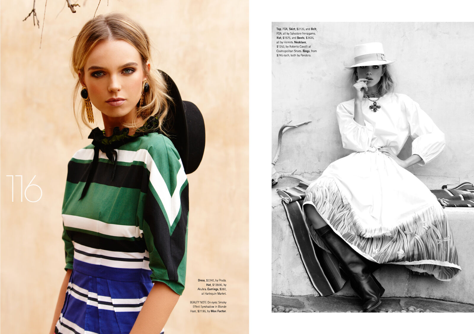 Two fashion models strike poses in a split-screen layout, showcasing modern apparel and accessories against neutral backdrops.