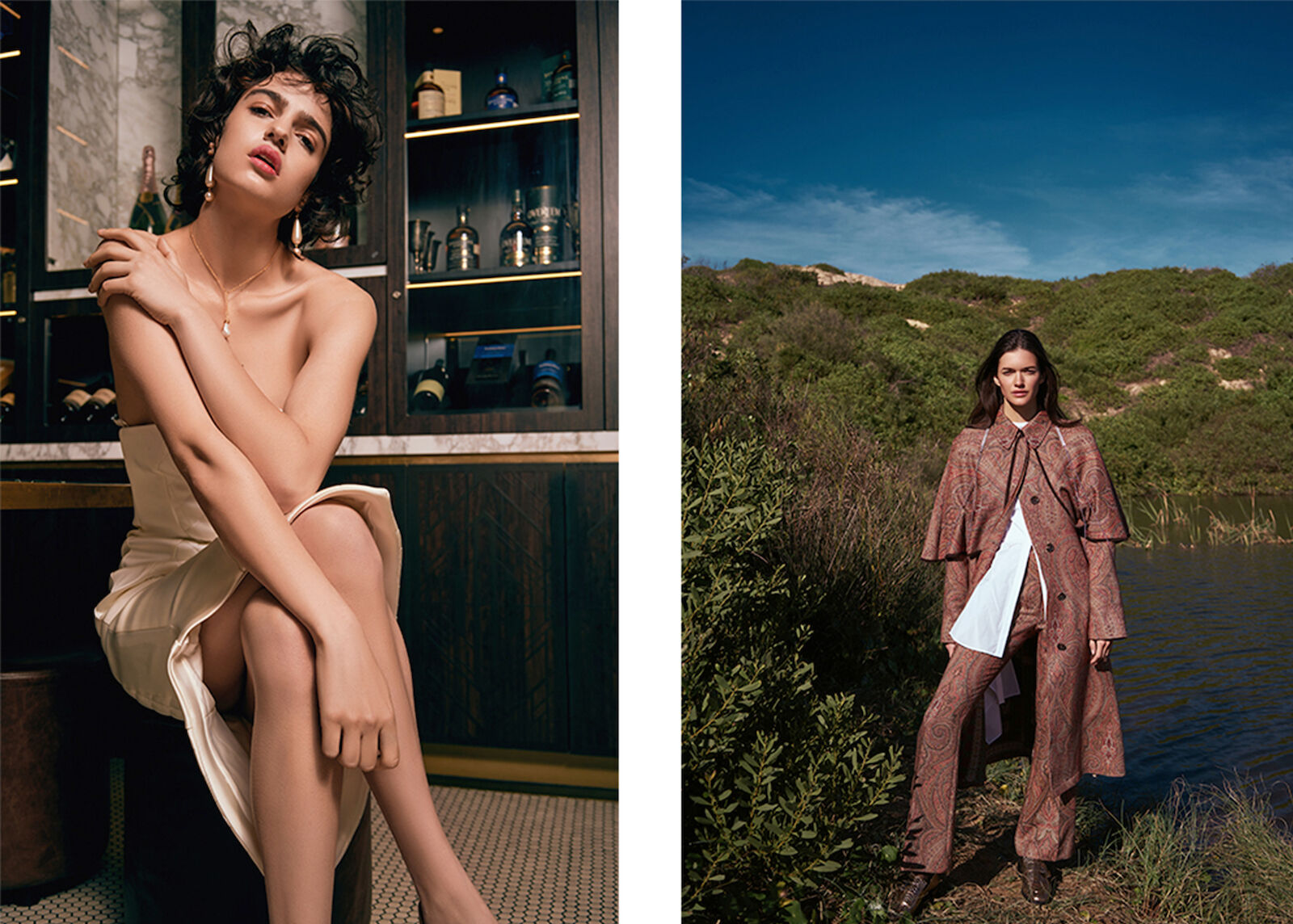 Fashion editorial shot: two women in outdoor and indoor settings, wearing elegant clothing. One is posing in nature and another in studio.