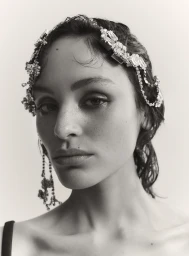 Close-up portrait of a woman wearing elaborate crystal hair ornaments and earrings with soft makeup against a neutral backdrop