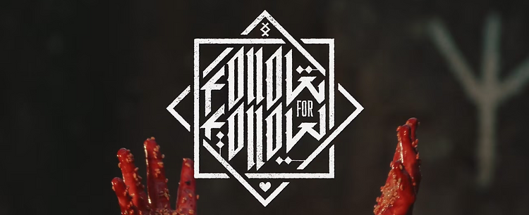 Digital art with a graphic text design in the center and bloody hands reaching from the bottom in a dark environment.