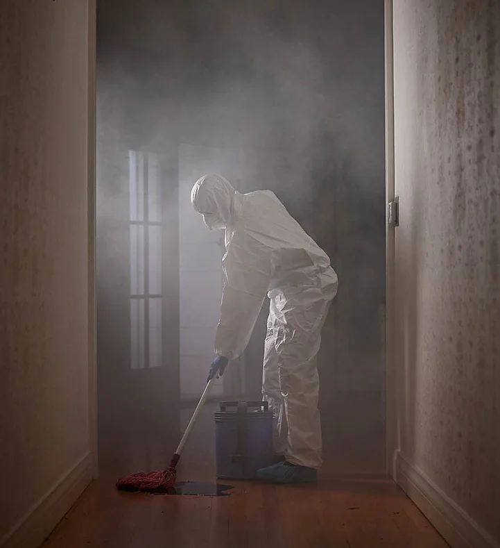 Person in a hazmat suit mops a floor in a smoke-filled room. Cleanup and safety concept. Focus on the foreground and figure.