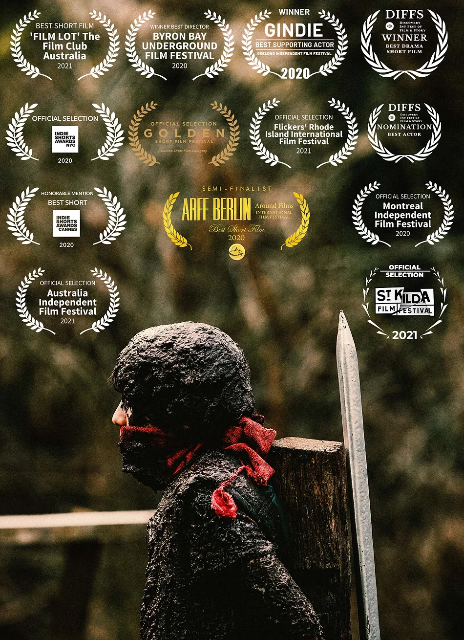 Poster for film festival entry featuring a person covered in mud with film festival laurels, promoting independent film entries.