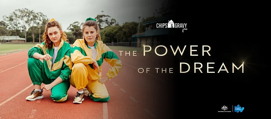Two women in vintage tracksuits pose on a track. Promotional shot for 'Chips & Gravy' with track, trees, and title text visible.