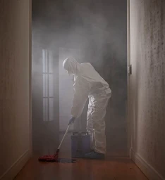 Person in a white hazmat suit mopping a wooden hallway floor filled with hazy smoke and a blue bucket.