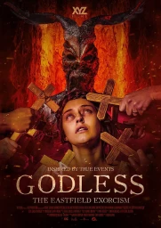 Movie poster featuring a woman with blank eyes surrounded by wooden crosses and a horned demonic entity against fire.