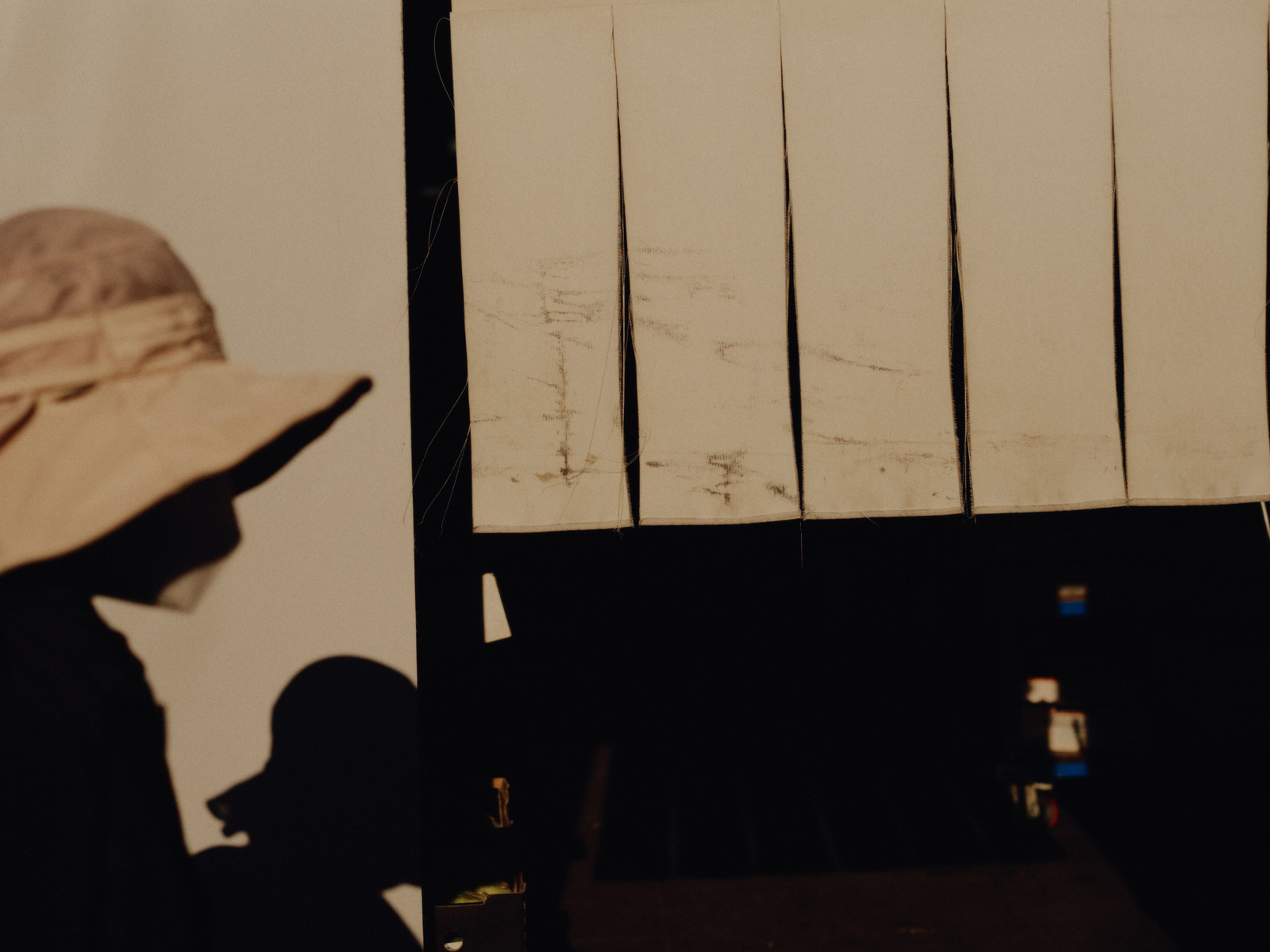 Abstract composition featuring a silhouette of a person wearing a hat and vertical banners against a dark background, evoking a sense of mystery.