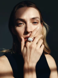 Close-up portrait of a woman wearing a large silver ring with a white gemstone, photographed by Daniel Goode.