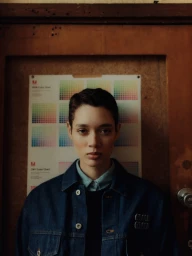 Portrait of a short-haired woman in a dark denim jacket standing against a wooden door with a color chart poster.